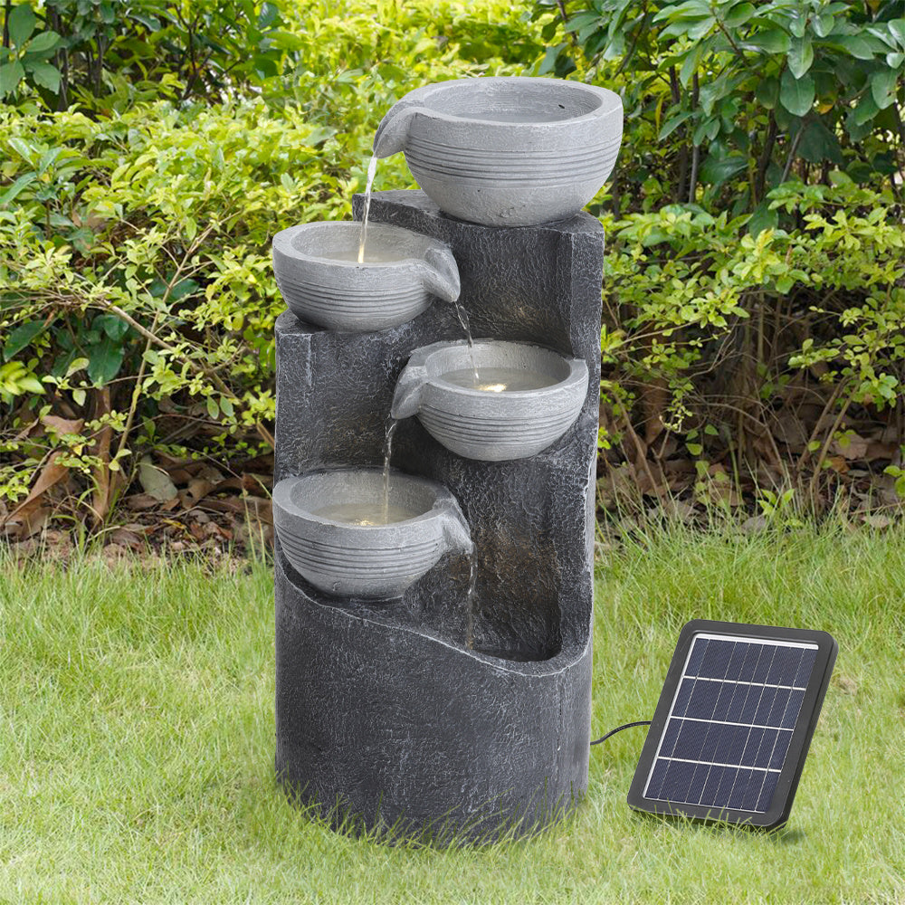 4 Tier Bowl Outdoor Solar Powered Water Fountain Rockery Decor with LED Light