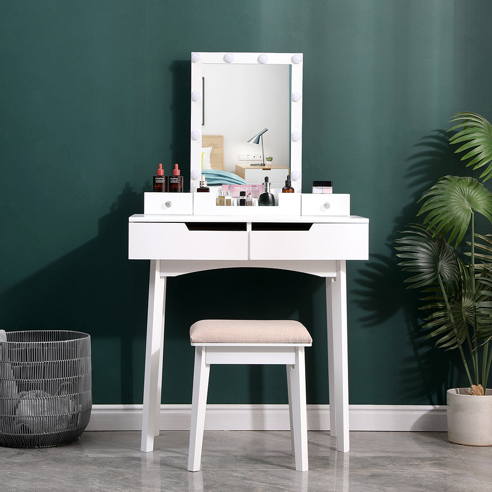 White Vanity Table with LED Mirror Cushioned Stool and Storage Drawers