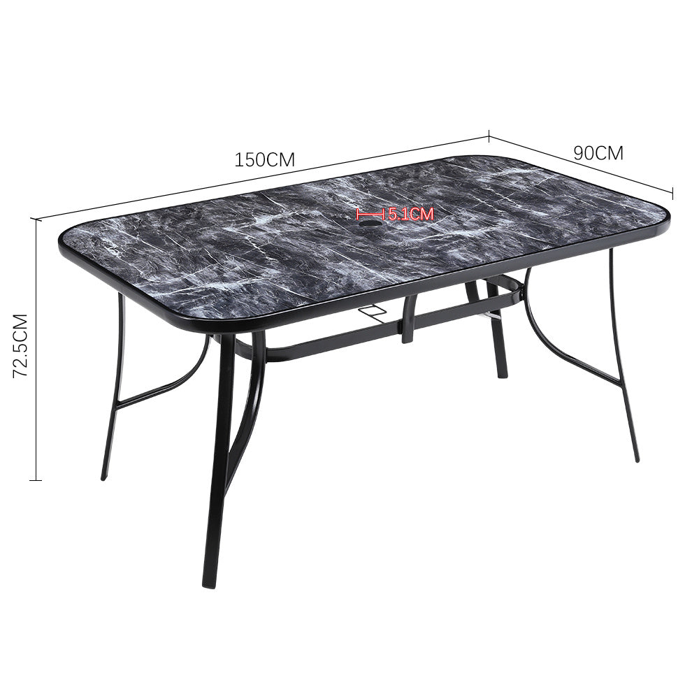Black Rectangular 150cm Garden Tempered Glass Marble Coffee Table with Six chairs