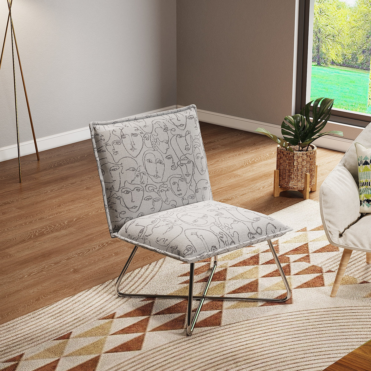 White Modern Linen Accent Chair with Metal Base