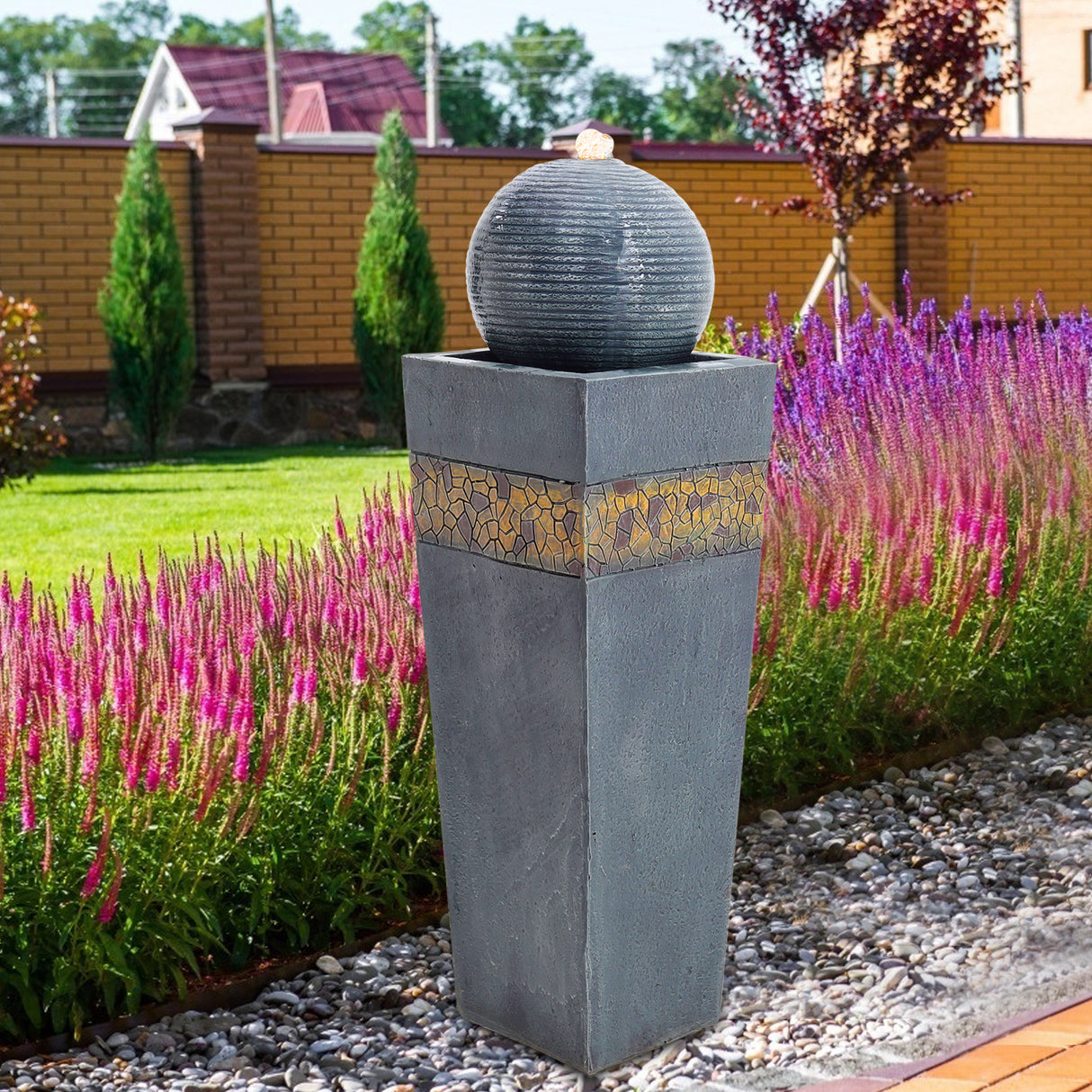 Navy Sphere Electric Fountain Water Feature with LED Light
