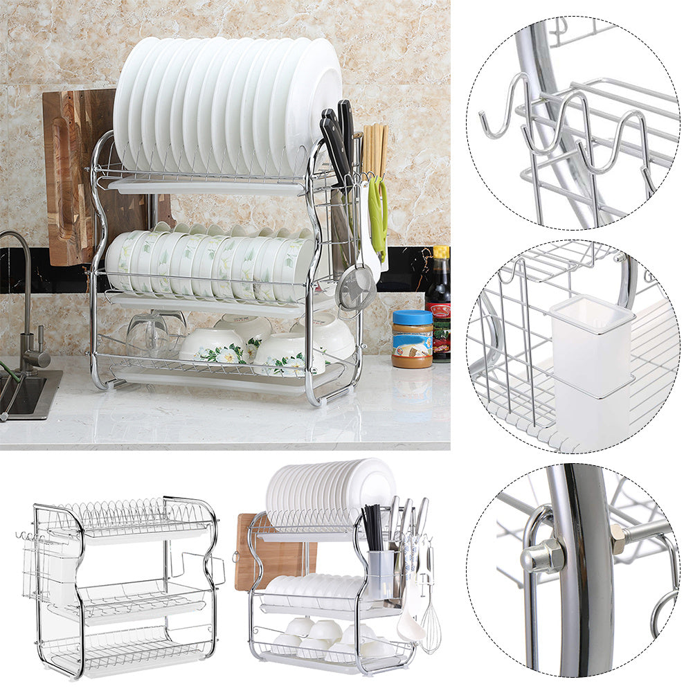 Kitchen Chrome Dish Drainer Cutlery Cup Plates Holder Sink Rack Drip Tray 3 Tier