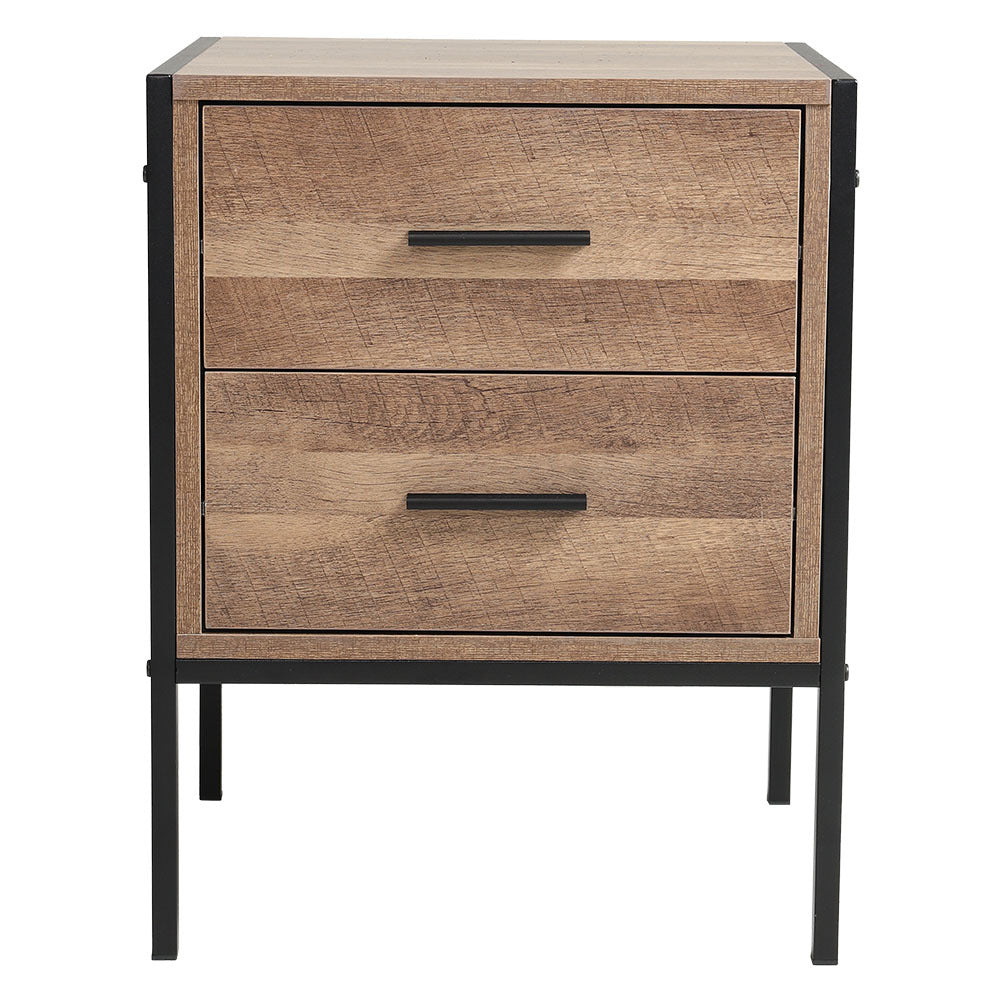 Metal Frame Wood Industrial Bedside Table Nightstand with Two Drawers