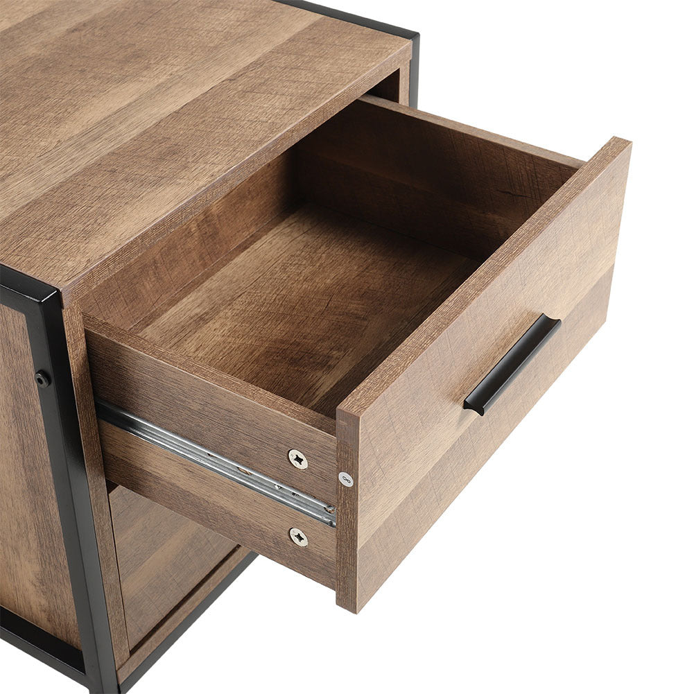 Metal Frame Wood Industrial Bedside Table Nightstand with Two Drawers