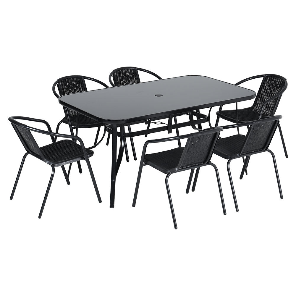 Set of 7 Garden Patio Glass Umbrella Table and Stackable Chairs Set