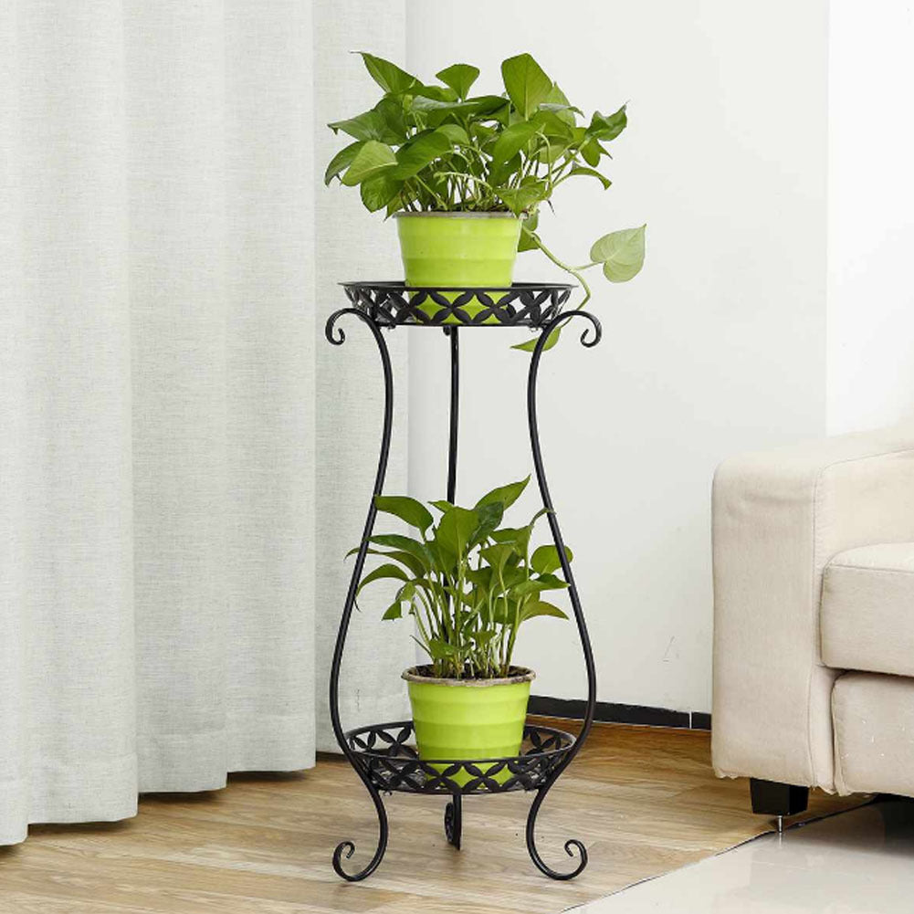 2 Tier Metal Iron Flower Plant Pot Display Stand, Black