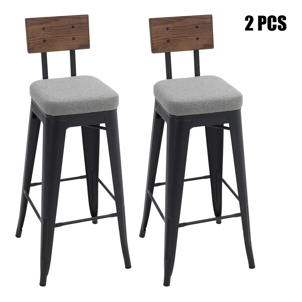 2Pcs Metal Breakfast Bar Stools with Cushions and Backrest,Grey