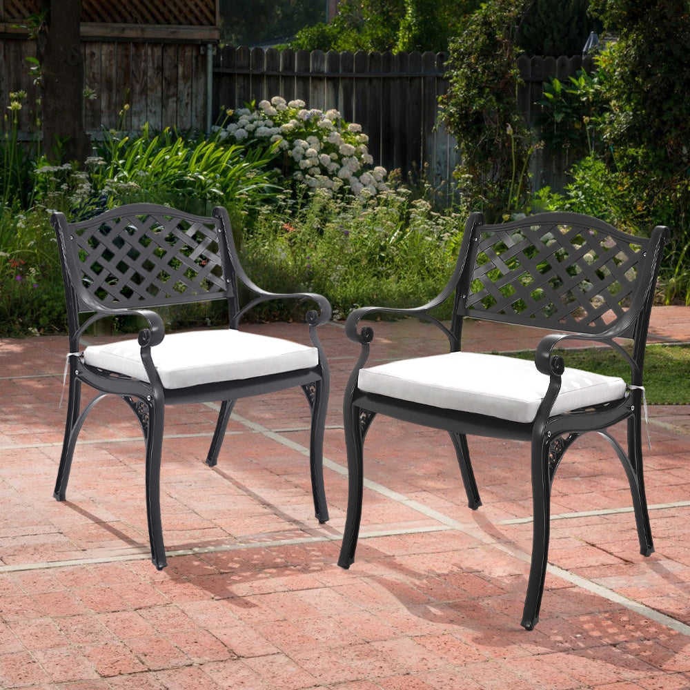 Outdoor 2PCS Black Cast Aluminium Garden Dining Chairs With Cushion