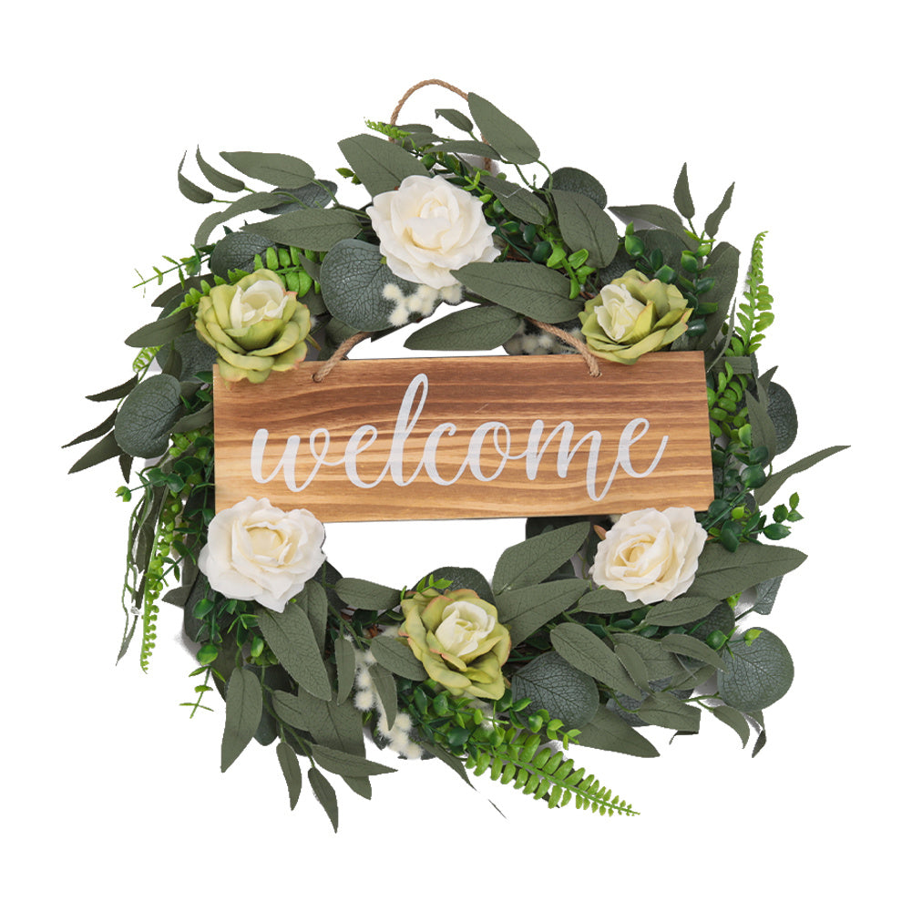 Door Decor Artificial Rose Flower Wreath with Welcome