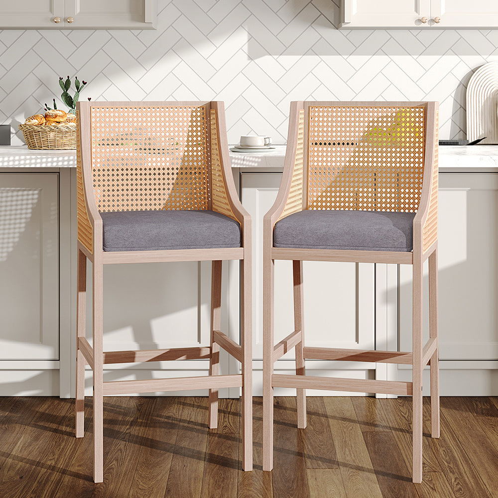 2Pcs Natural Rattan Bar Stools Kitchen Stools with Backrest,Grey