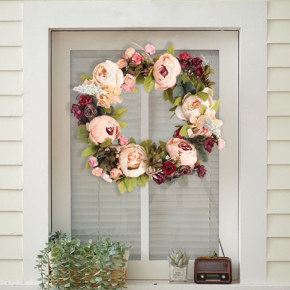 45cm Artificial Peony Mixed Flowers Wreath with Rattan Base