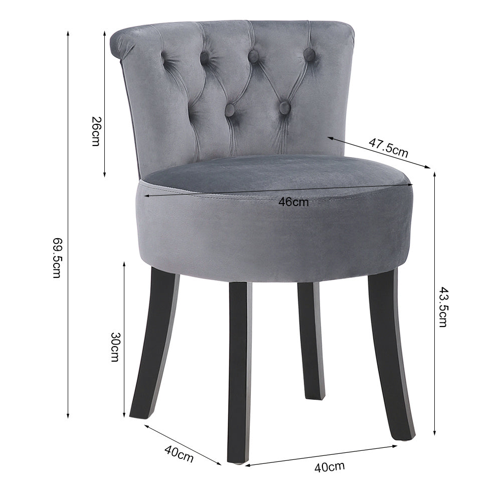 Velvet Buttoned Wing Back Vanity Stool Black Wooden Legs, Grey