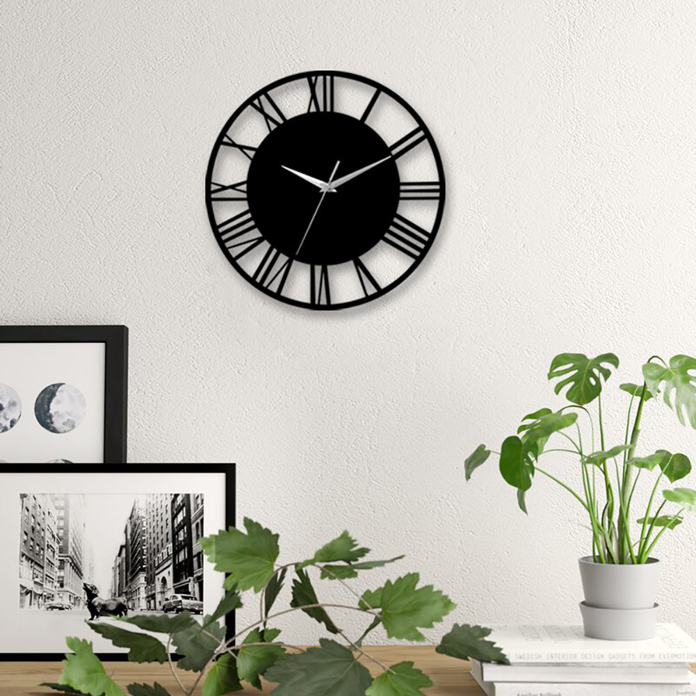 30CM Large Elegant Roman Numerals Open Round Wall Clock, Black and Silver