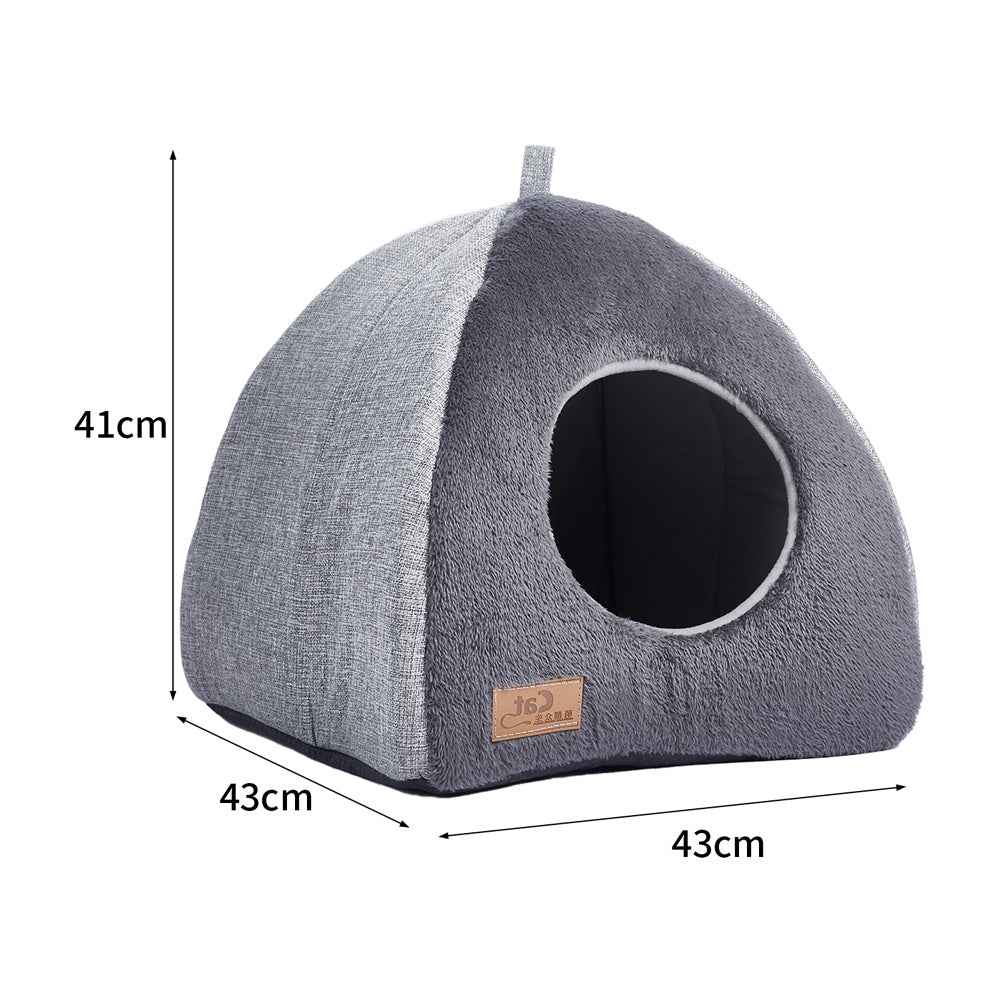 Triangular Large Dog Cat House with Soft Plush Grey Puppy Sleeping Bed Indoor