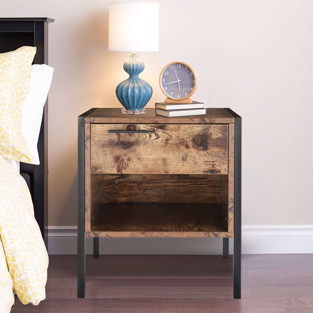 Industrial Bedside Table with Drawer and Open Storage Shelf