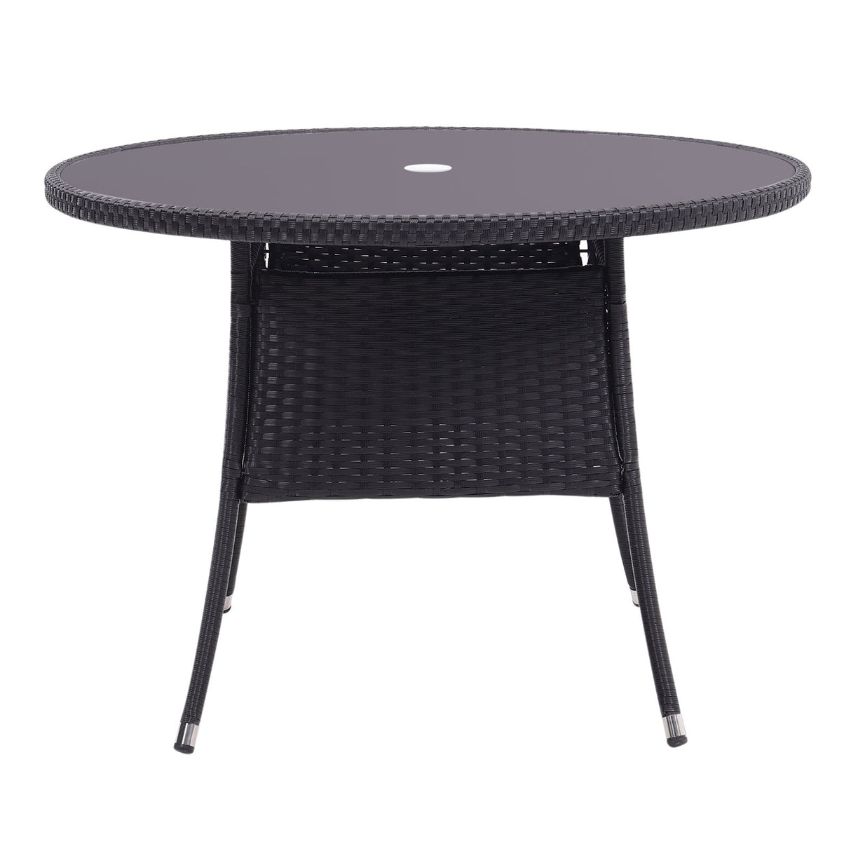 105CM Patio Garden Round Rattan Glass Table With Umbrella Hole Black