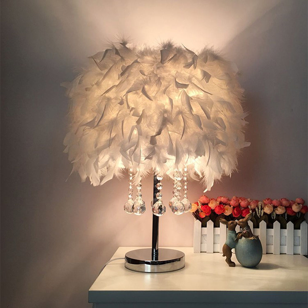 Crystal Table Lamp Feather decoration for Bedroom, White