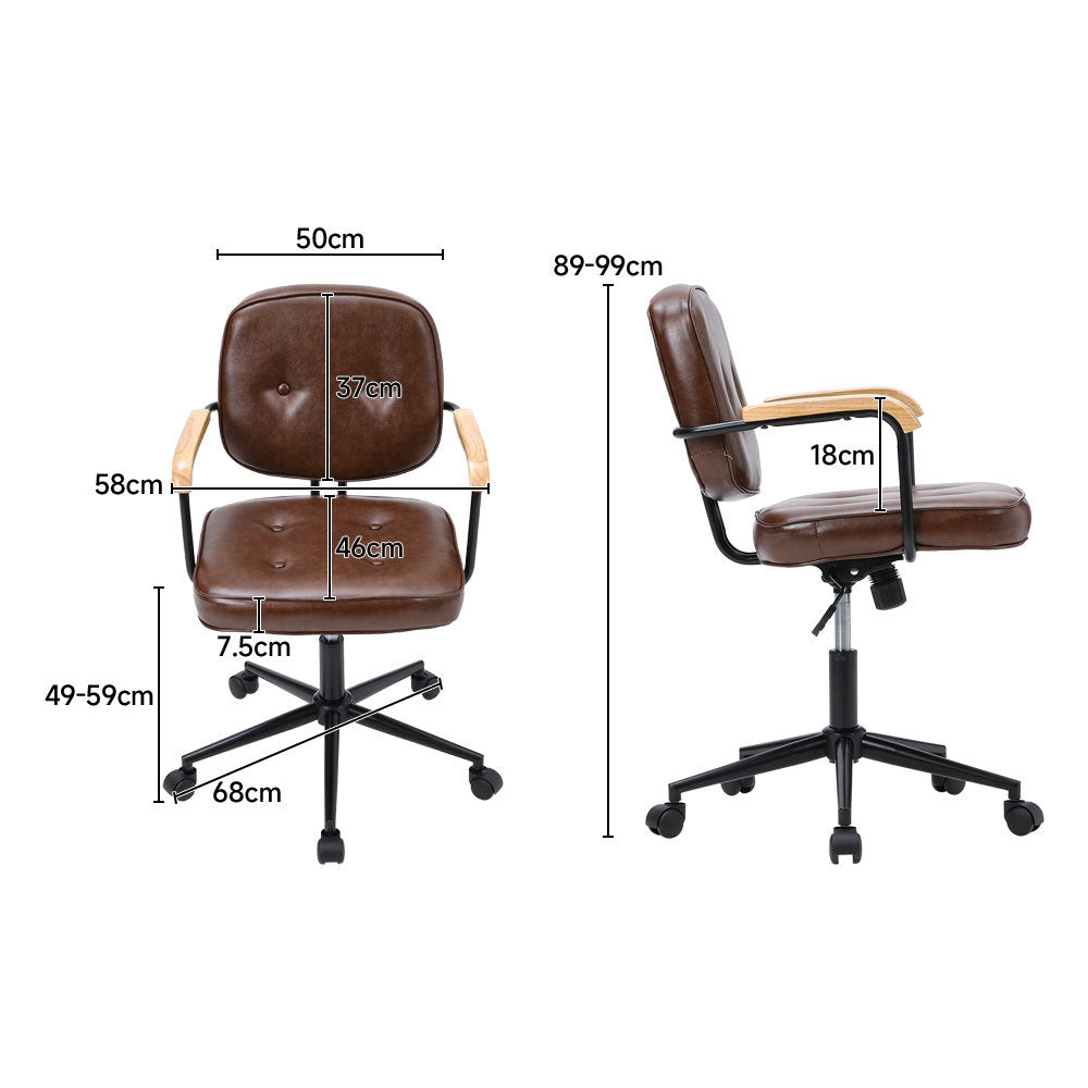 Brown Leather Office Chair with Wood Armrests