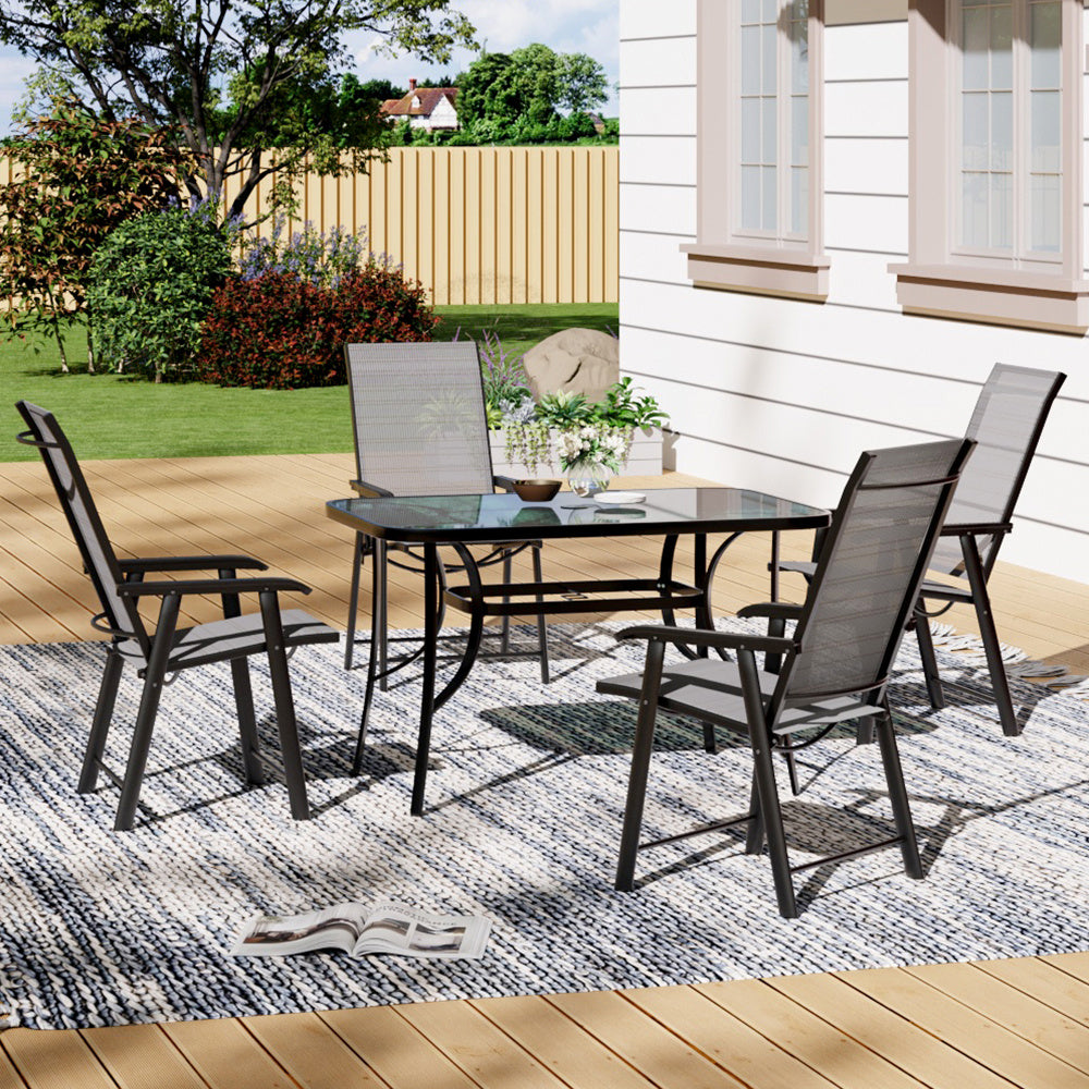 Black Set of 5 Garden 120CM Rectangle Glass Umbrella Table and Folding Chairs Set