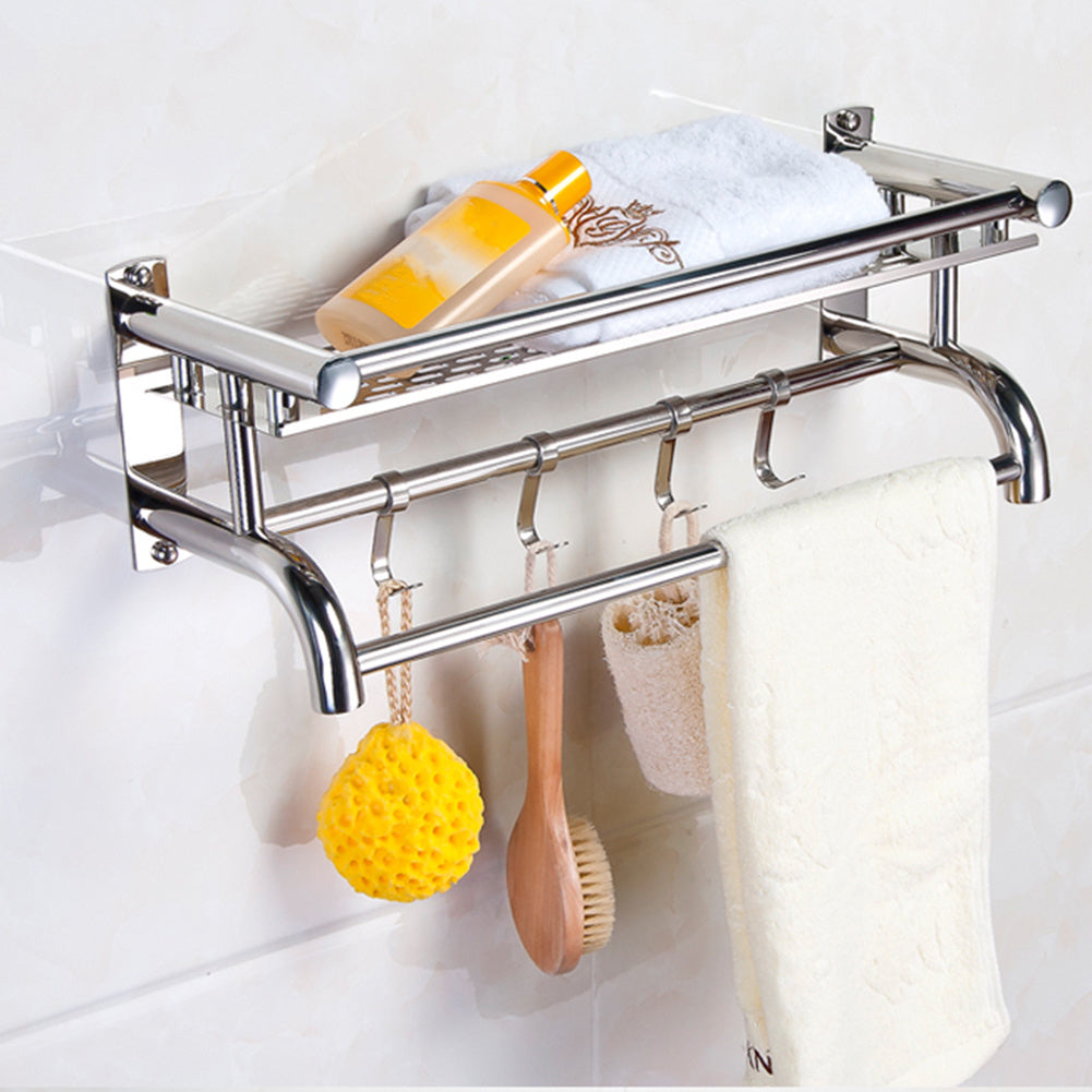 Wall Mounted Bath Towel Rail Bathroom Shelf Holder with Hooks