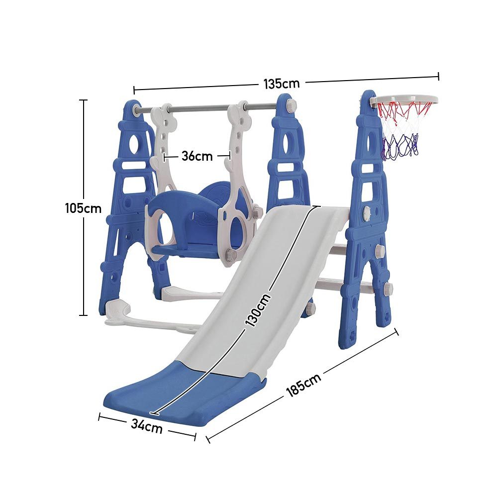 Kids Swing Slide and Basketball Hoop 3 in 1 Play Game Center Blue