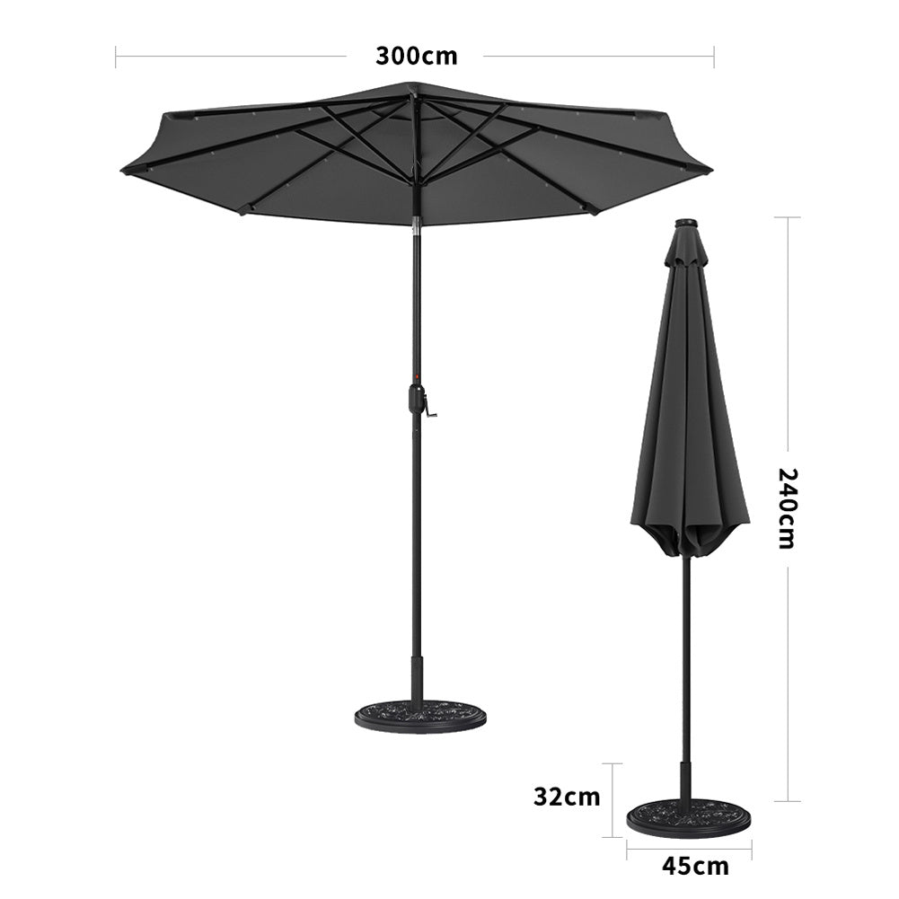 3M Large Garden LED Parasol Outdoor Beach Umbrella with Light Sun Shade Crank Tilt with 10KG Round Base, Dark Grey