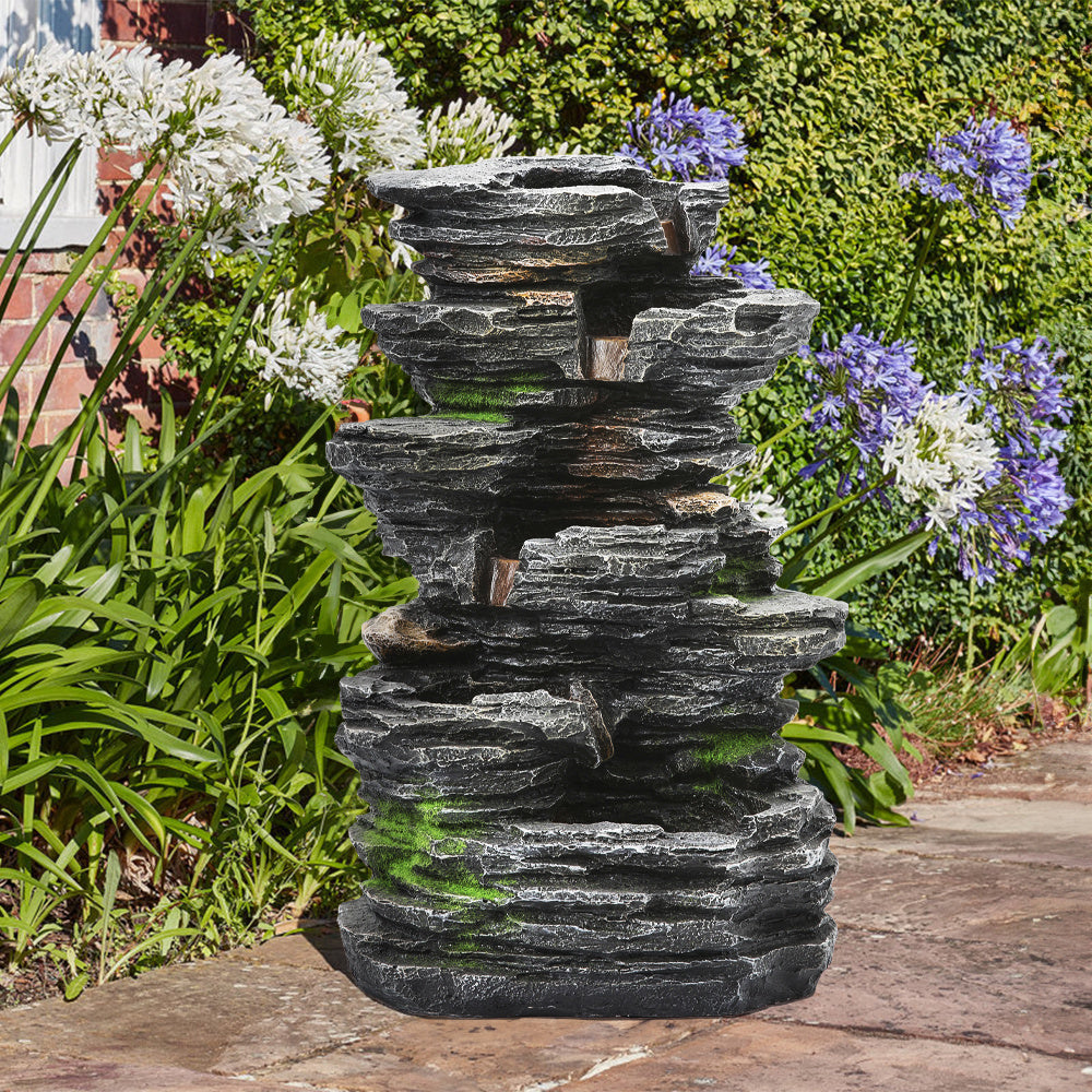 5 Tier Bowl Outdoor Solar Powered Water Fountain Rockery Decor with LED Light
