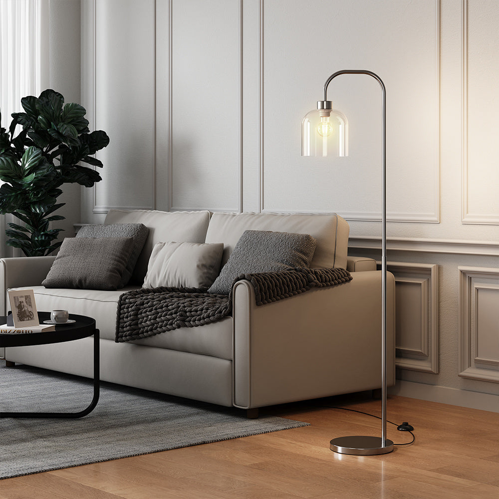 Modern Chrome Floor Lamp with Glass Shade for Living Room Bedroom