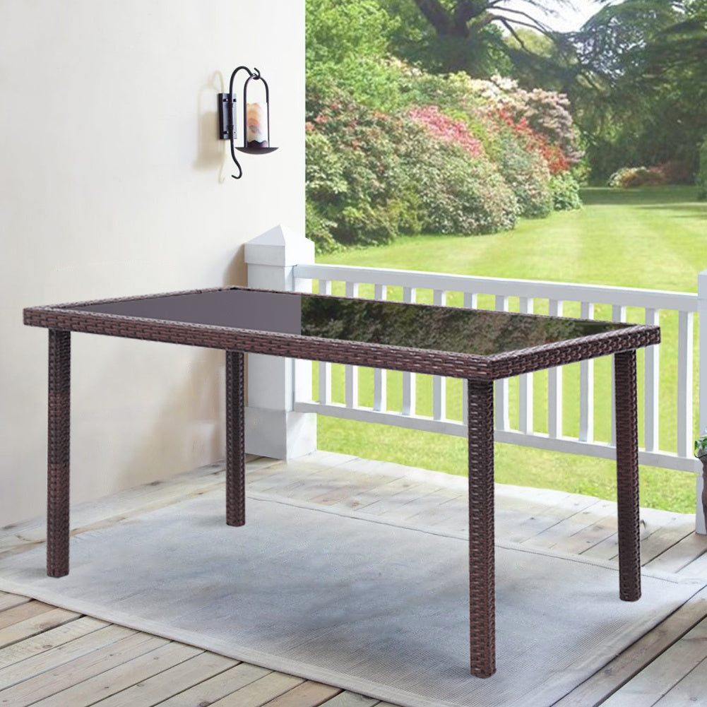 150CM Patio Garden Rectangle Rattan Frame Glass Top Table Brown