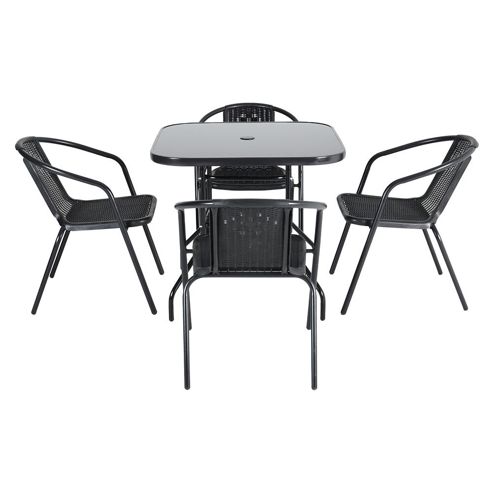 Set of 5 Garden Patio Glass Umbrella Table and Stackable Chairs Set
