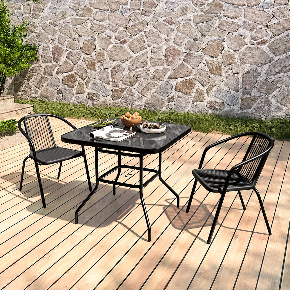 Set of 3 Garden Patio Glass Umbrella Square Table and Stackable Chairs Set