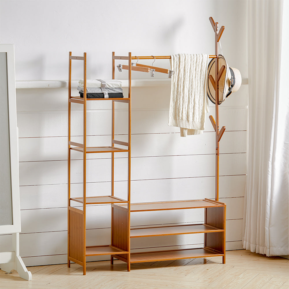 Freestanding Bamboo Clothes Rack with Storage Shelves 139CM