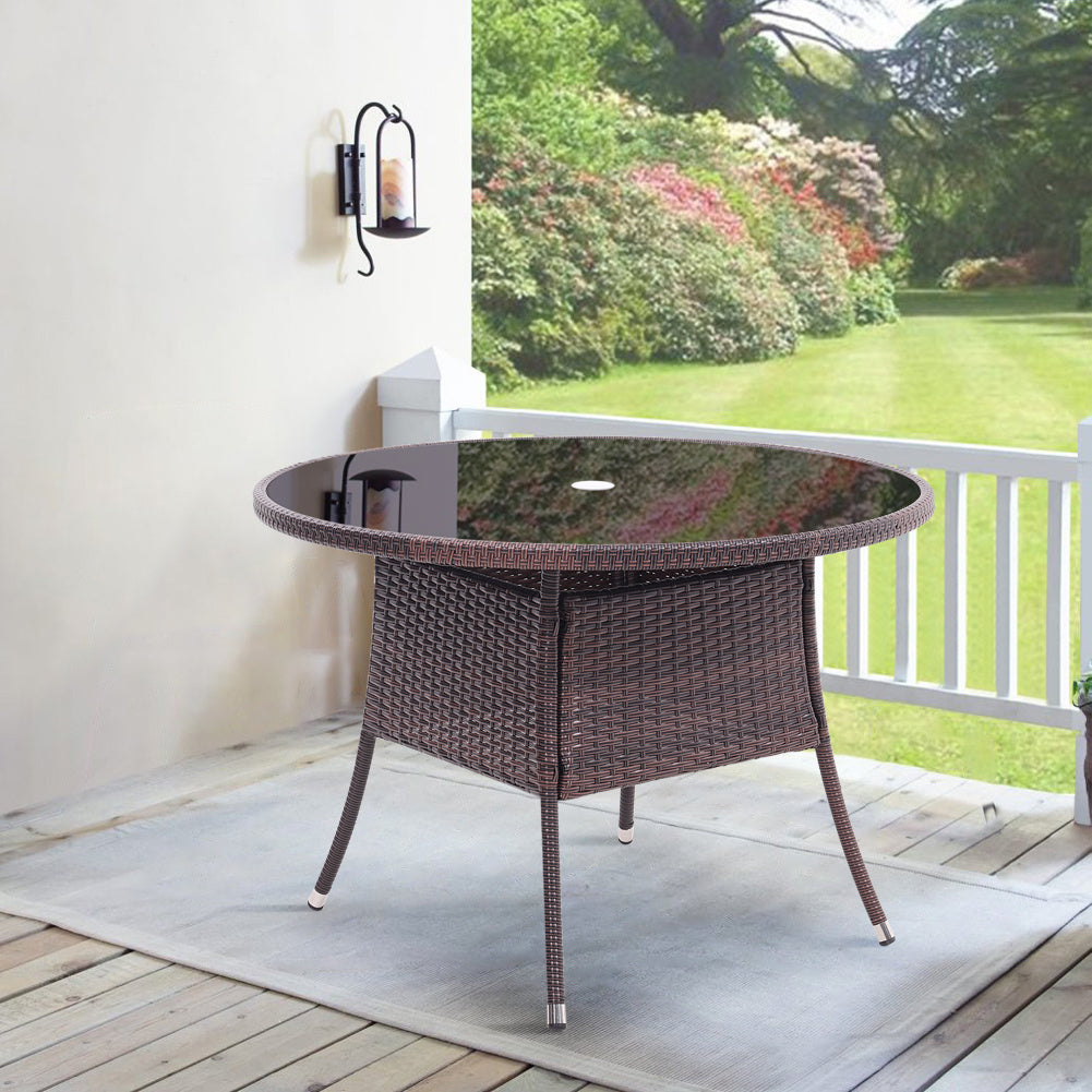 105CM Patio Garden Round Rattan Glass Table With Umbrella Hole Brown