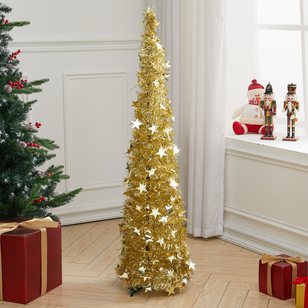 Gold Collapsible Pop Up Tinsel Christmas Tree with Base 1.2M