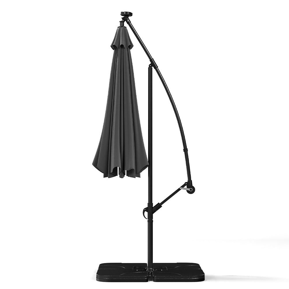 3M Large Garden Hanging LED Parasol Cantilever Sun Shade Banana Umbrella with Cross Base, Dark Grey
