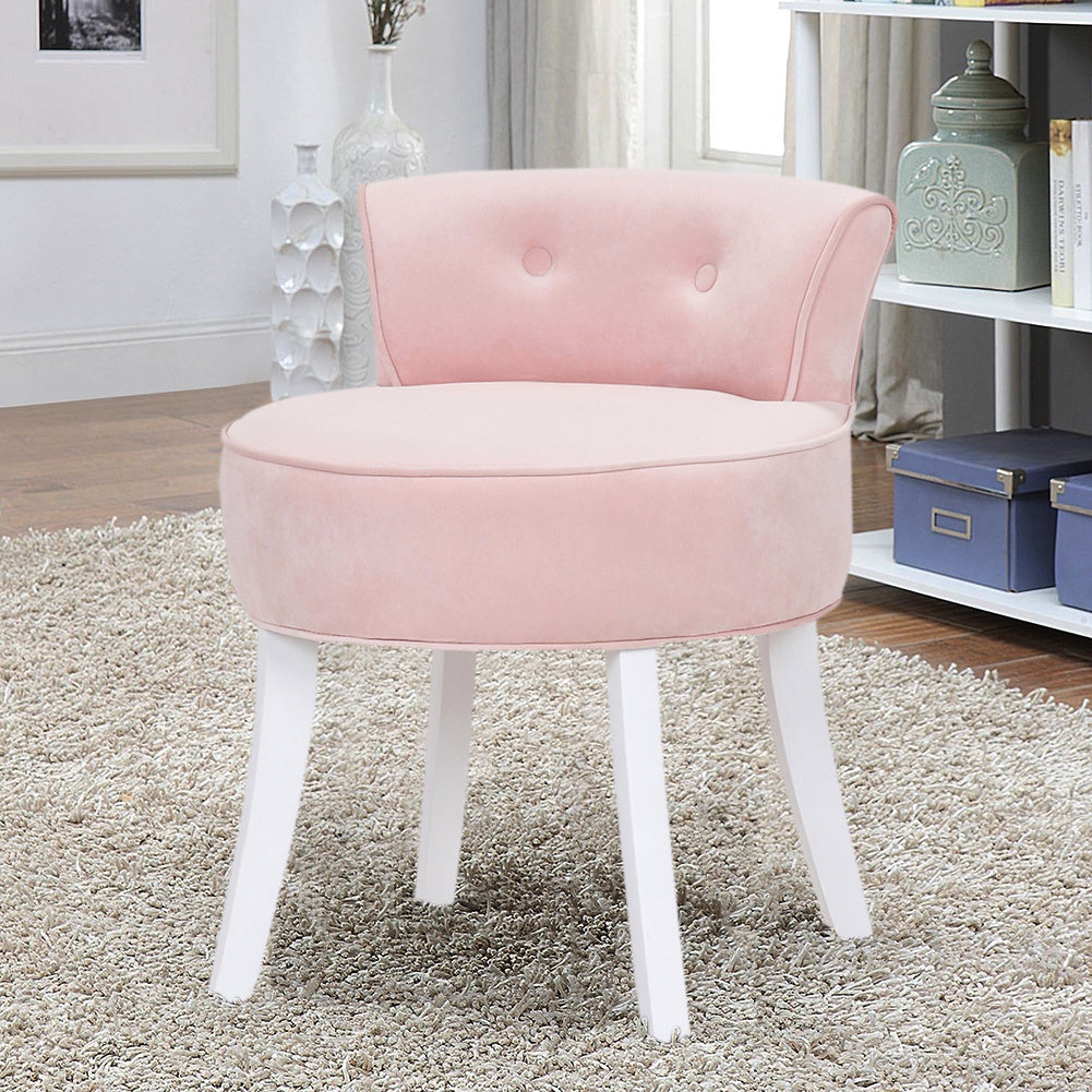 Velvet Vanity Stool Soft Seat Low Back with White Wooden Legs, Pink