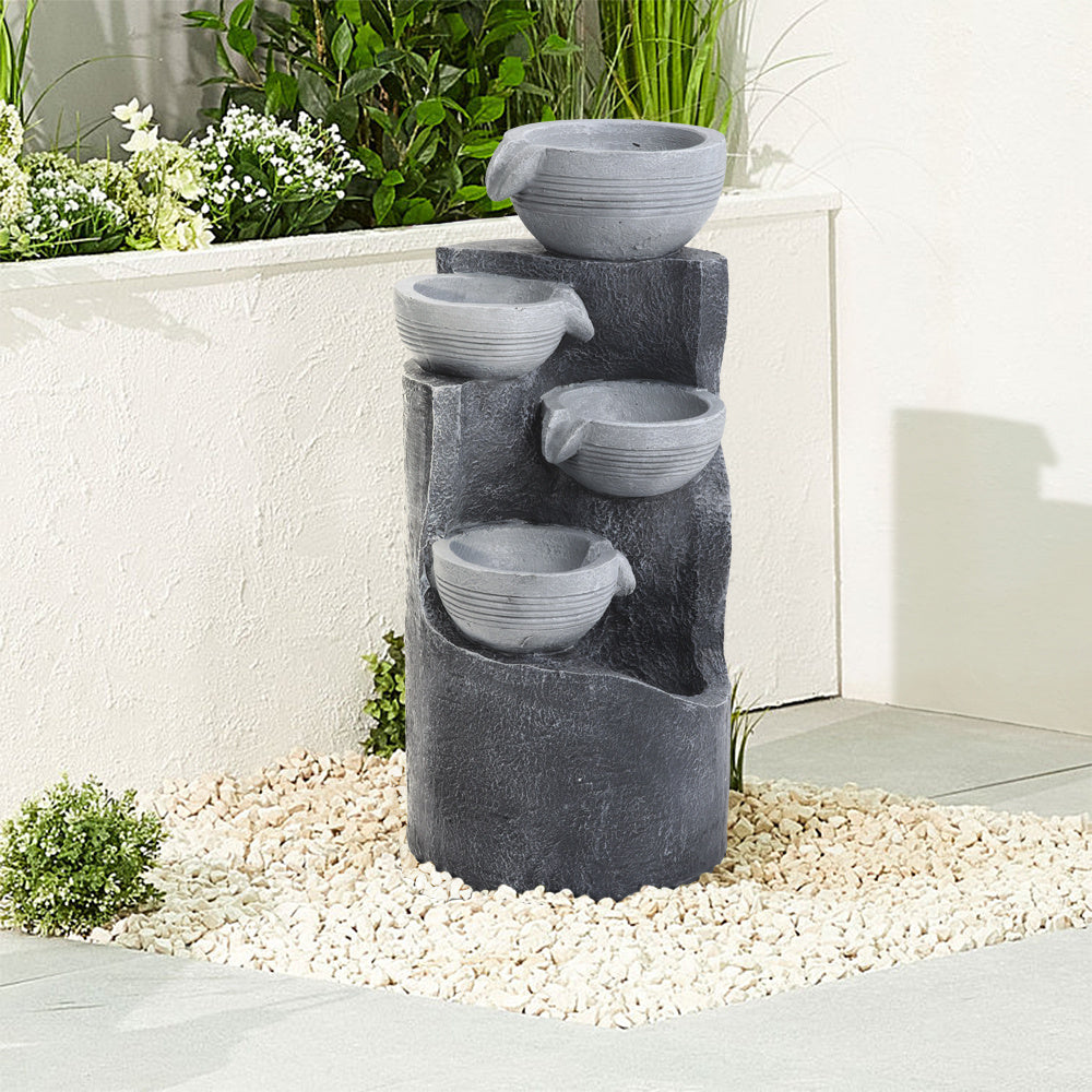 4 Tier Bowl Outdoor Solar Powered Water Fountain Rockery Decor with LED Light