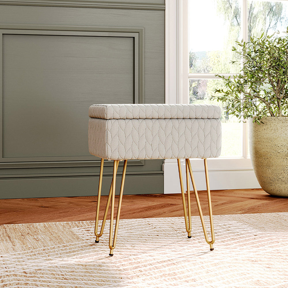Rectangle Upholstered Vanity Storage Stool with Wooden Tray Top and Gold Metal Legs