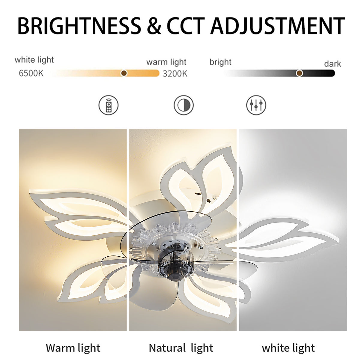 White Modern Flower Ceiling Fan with 3 Color Lights