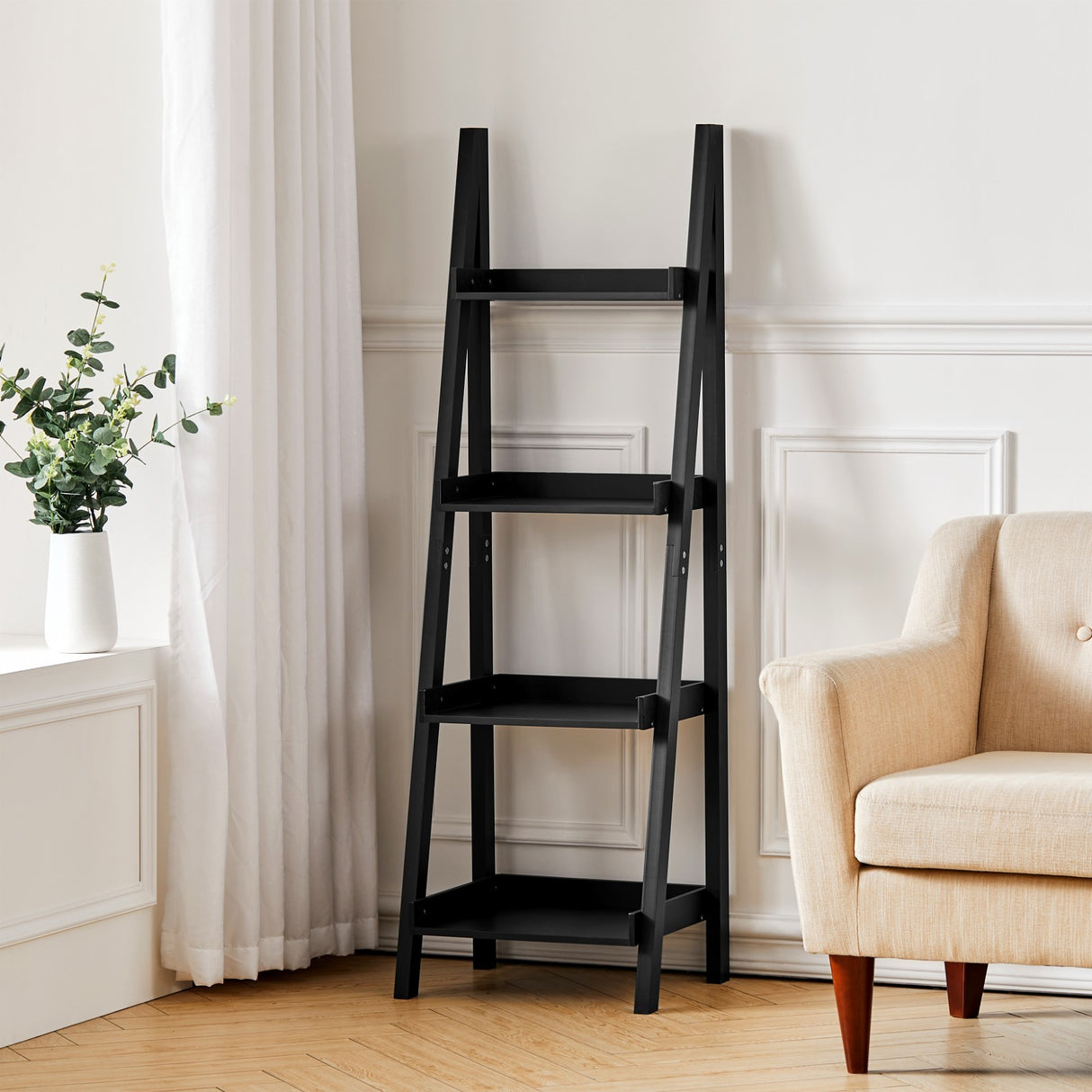 Black Modern Wooden 4-Tier Ladder Shelf