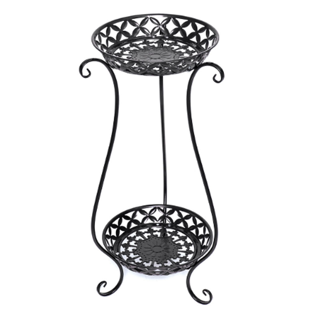 2 Tier Metal Iron Flower Plant Pot Display Stand, Black