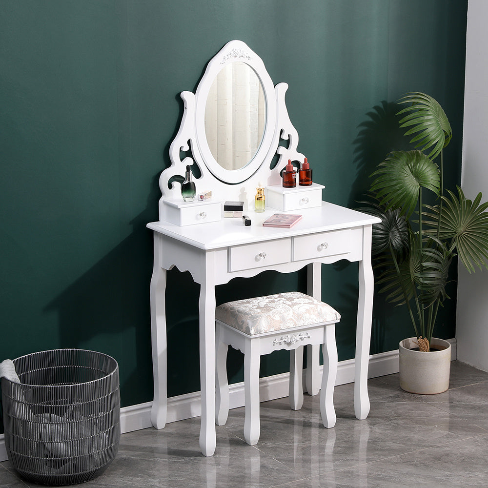 Modern White Makeup Vanity Table with Adjustable Mirror Stool and Drawers