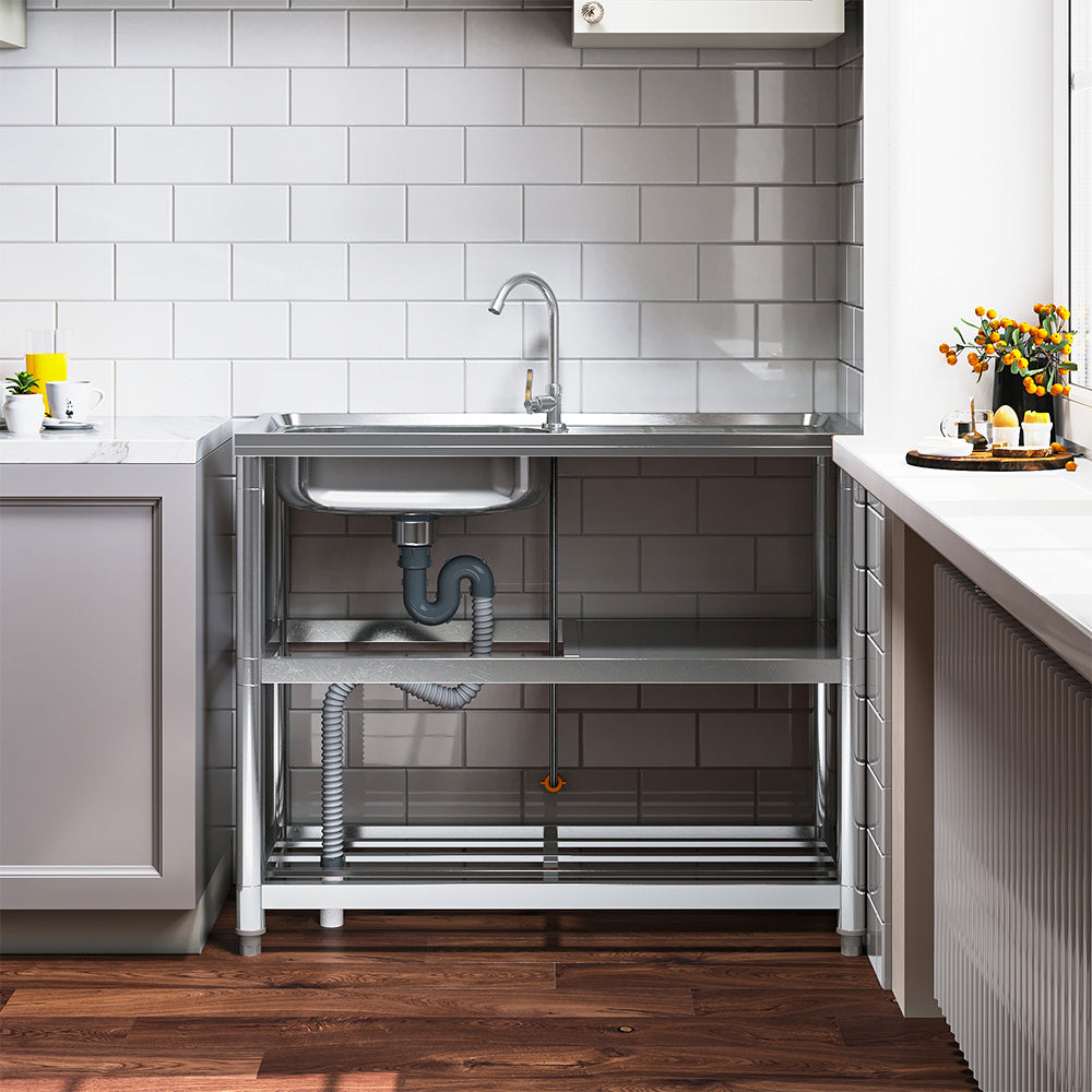 Freestanding Stainless Steel One Compartment Sink with Shelves and Drainboard
