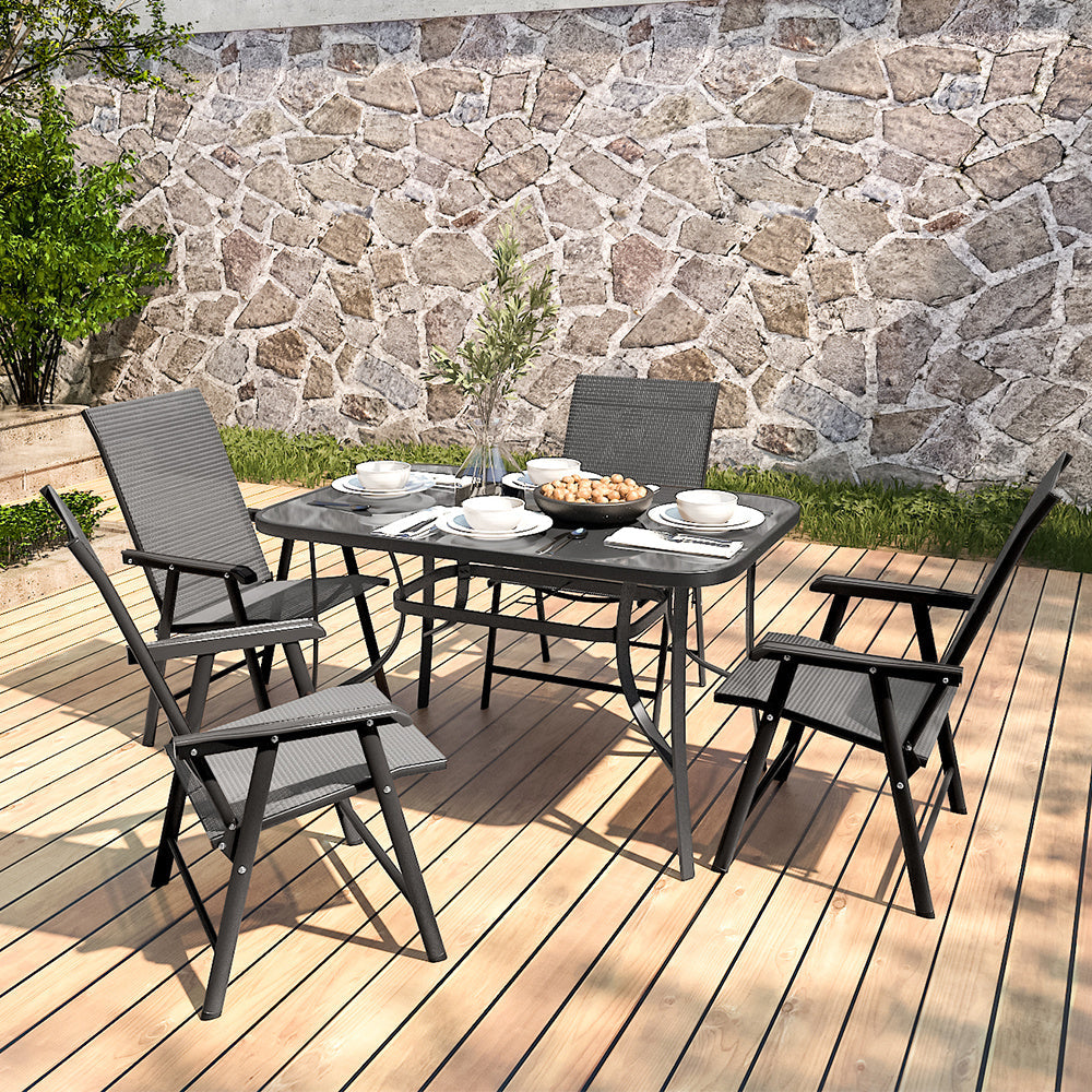 Black Set of 5 Garden 120CM Rectangle Glass Umbrella Table and Folding Chairs Set