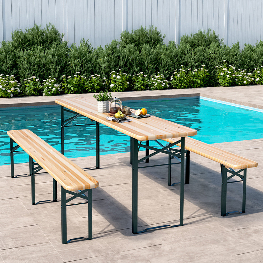 3 Pcs Outdoor Wooden Foldable Table Benches Set