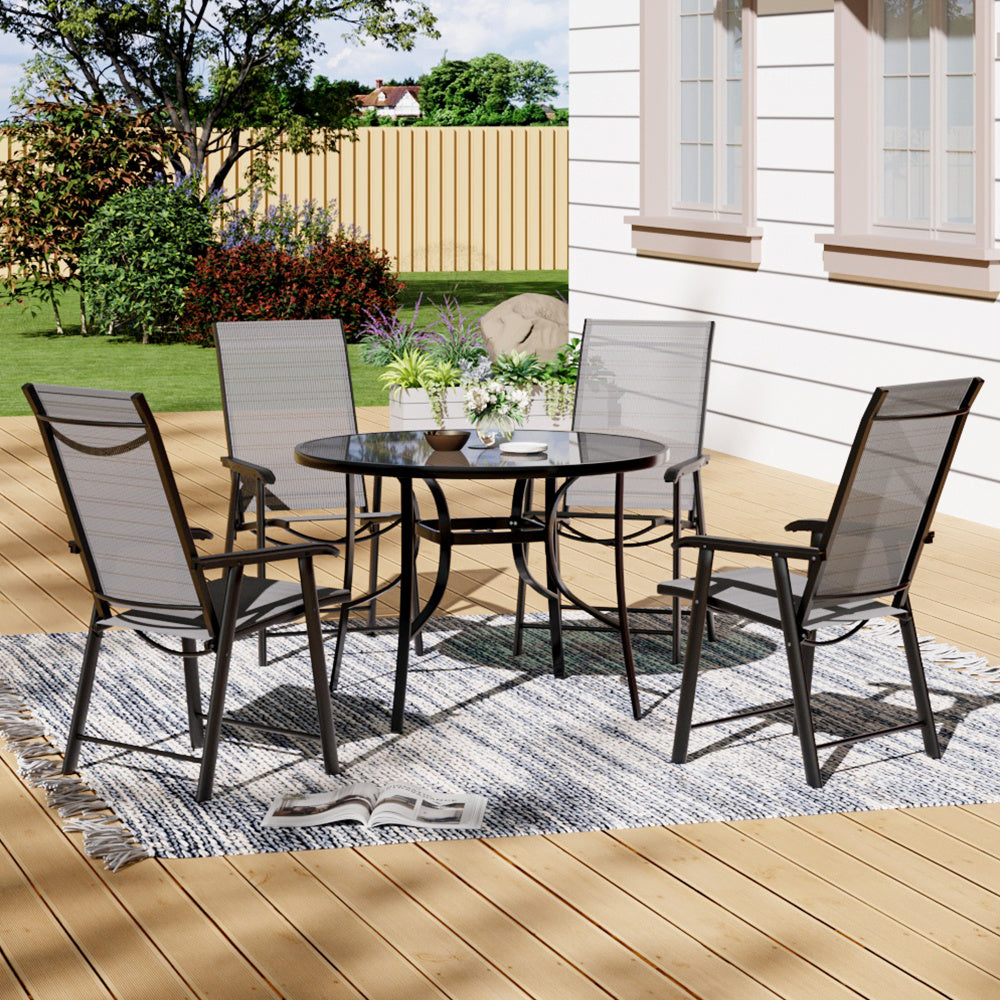 Set of 5 Garden 105CM Patio Glass Umbrella Round Table and Folding Chairs Set