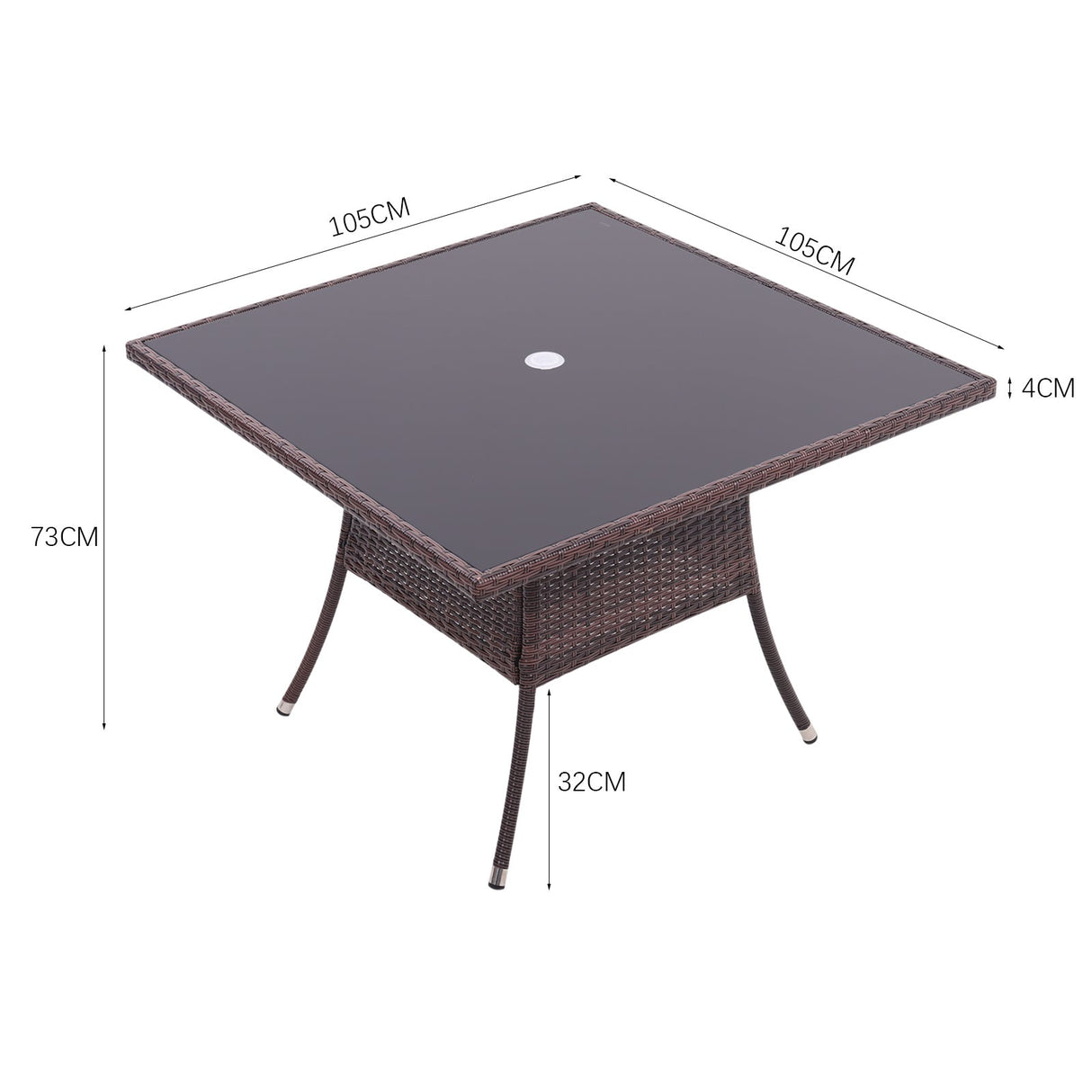 105CM Patio Garden Square Rattan Glass Table With Umbrella Hole Brown