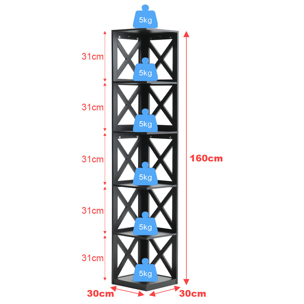 5 Tier Modern Wood Corner Standing Shelf for Living Room, Black