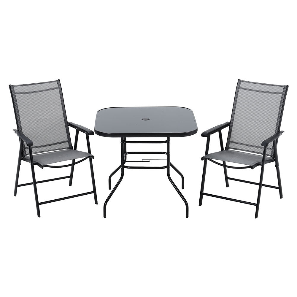 Set of 3 Garden Patio Glass Umbrella Table and Folding Chairs Set
