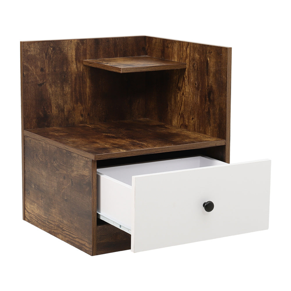 Urban Style Wooden Bedside Table with Drawers and Open Shelves White and Rustic Brown